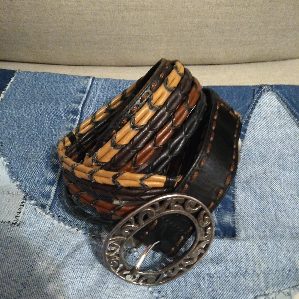 Brighton Multistrand Leather Belt- Tan Brown Black Silver Filigree Buckle sz. 34